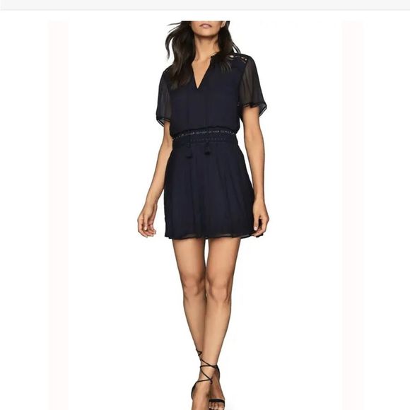 REISS Sam Embroidered Split Neck Dress Sz. 6 Navy - Picture 4 of 6